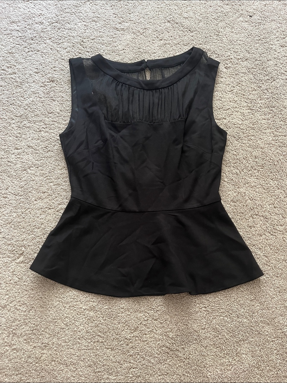 bebe Black Sleeveless Peplum Top with Sheer Pleated Yoke